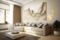 The living room of the apartment features a beige sofa set against a light stucco wall in a modern interior design. AI Royalty Free Stock Photo