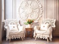 living room armchairs upholstered with crocheted handmade white lace fabric and decoration on the wall