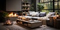 A living room with an artificial fireplace and soft carpets to create comfo Royalty Free Stock Photo