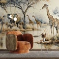 Living Room Background African Jungle Trees with Giraffe and Elephants with Orange Armchair