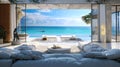 Living room beach sunbed on balcony sea view and blue sky on the evening