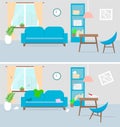 Living room befor and after cleaning. Tiding service. Flat style. Vector stock illustration for card