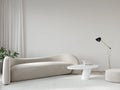 Living room in beige tones with bionic sofa, marble table, po