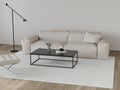 Living room in beige tones with leather sofa, metal table, po