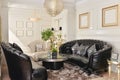 Living room with black leather sofa Royalty Free Stock Photo