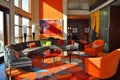 This living room blends warmth with vibrance featuring plush seating and lively