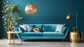 a living room with a blue couch and a gold table Industrial interior Dining Area with Turquoise Royalty Free Stock Photo