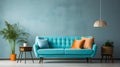 a living room with a blue couch and a potted plant Industrial interior Dining Area with Turquoise Royalty Free Stock Photo