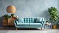 a living room with a blue couch and a potted plant Modern interior Lounge with Light Blue color Royalty Free Stock Photo