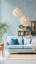 a living room with a blue couch and two hanging lights Industrial interior Living Room with Light