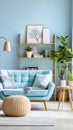 a living room with a blue couch and a white rug Industrial interior Living Room with Light Blue