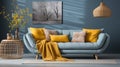 A living room with a blue couch, a yellow blanket, and a black Royalty Free Stock Photo