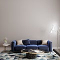 Living room with blue sofa with pillows wall mockup