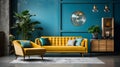 a living room with blue walls and a yellow couch Industrial interior Dining Area with Turquoise Royalty Free Stock Photo