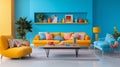 Living room with blue walls and yellow furniture Royalty Free Stock Photo