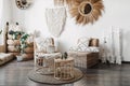 Living room with boho interior design and home decor Royalty Free Stock Photo