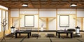 Living room with bonsai on table low ,wood floor and tatami mat. 3D rendering