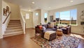 Living room with brown couch and cheerful rug