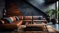 Living room with brown leather couch and coffee table. Generative AI Royalty Free Stock Photo