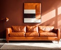 A living room with a brown leather couch, a wooden coffee table, and a painting on the wall. Royalty Free Stock Photo