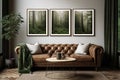 Living room with brown leather sofa, white cushions and green plaid. Above it hangs a set of three forest landscape posters. Royalty Free Stock Photo