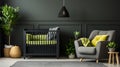 a living room with a chair and a crib Farmhouse interior Nursery with Charcoal Gray color theme