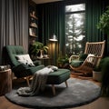 a living room with a chair, chair and ottoman Hollywood Glam interior Nursery with Forest Green