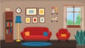 Living room with chair, sofa, window, bookshelf. Flat ÃÂozy interior in cartoon style