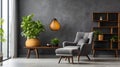 a living room with a chair, table and potted plants Mid-Century interior Library with Charcoal Gray Royalty Free Stock Photo