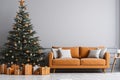 Living Room Christmas interior in Scandinavian style. Christmas tree with gift boxes. Orange sofa on bright wall Mockup. 3d render Royalty Free Stock Photo