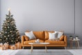 Living Room Christmas interior in Scandinavian style. Christmas tree with gift boxes. Orange sofa on bright wall Mockup. 3d render Royalty Free Stock Photo