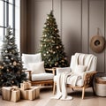 Living Room Christmas Interior in Scandinavian Style - Christmas Tree with Gift Boxes, Rattan Chair on Wall Mockup Royalty Free Stock Photo