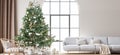 Living Room Christmas interior in Scandinavian style. Christmas tree with gift boxes. white sofa on wall Mockup. Royalty Free Stock Photo