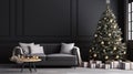 Living Room Christmas interior in Scandinavian style. Christmas tree with gift boxes. Black sofa. ai Royalty Free Stock Photo