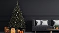 Living Room Christmas interior in Scandinavian style. Christmas tree with gift boxes. Black sofa. ai Royalty Free Stock Photo