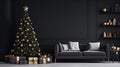 Living Room Christmas interior in Scandinavian style. Christmas tree with gift boxes. Black sofa. ai Royalty Free Stock Photo