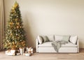 Living room Christmas interior in Scandinavian style. Christmas tree with gift boxes. White sofa on bright wall mockup Royalty Free Stock Photo