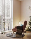 Living Room Christmas interior in Scandinavian style. Christmas tree with stars and lights. Pink chair on wall Mockup