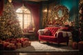 Living room with Christmas tree and beautifull holiday decorations