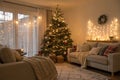 Living room with Christmas tree and glowing lights Royalty Free Stock Photo