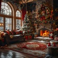 Living room with Christmas trees, couch, fireplace, and festive decorations Royalty Free Stock Photo