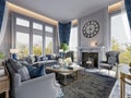 Living room in a classic style with classic upholstered furniture in the interior in white and blue