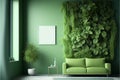 living room with clean and minimalist green paint and sofa colors and a natural theme with green plants