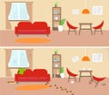 Living room before and after cleaning. Tiding service. Flat style. Vector stock illustration for card