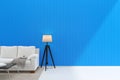 Living room concept interior. 3d render sofa table lamp background wood floor wooden blue wall template design texture Royalty Free Stock Photo