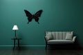 A living room with a couch and a butterfly clock on the wall. AI.