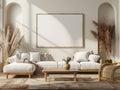 Living room with couch, chair, coffee table, and picture frame on wood flooring Royalty Free Stock Photo