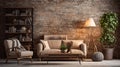 a living room with a couch, chair, table and lamp Industrial interior Lounge with Beige color theme Royalty Free Stock Photo