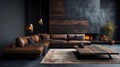 Living room with couch, coffee table and fire place. Generative AI Royalty Free Stock Photo