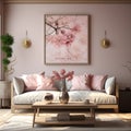 a living room with a couch and a coffee table Mediterranean interior Master Bedroom with Pastel Pink